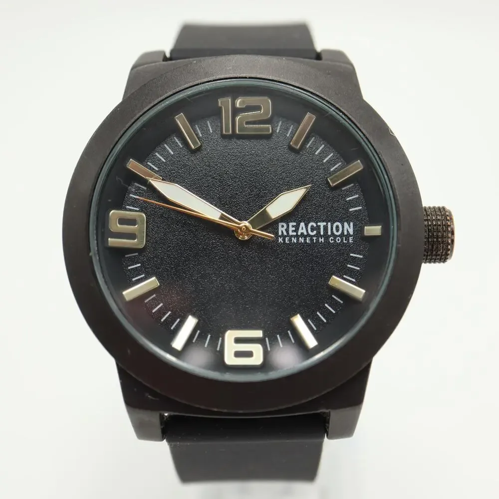 Kenneth Cole Reaction Mens Black Gold Tone Dress Watch 48mm w New Battery